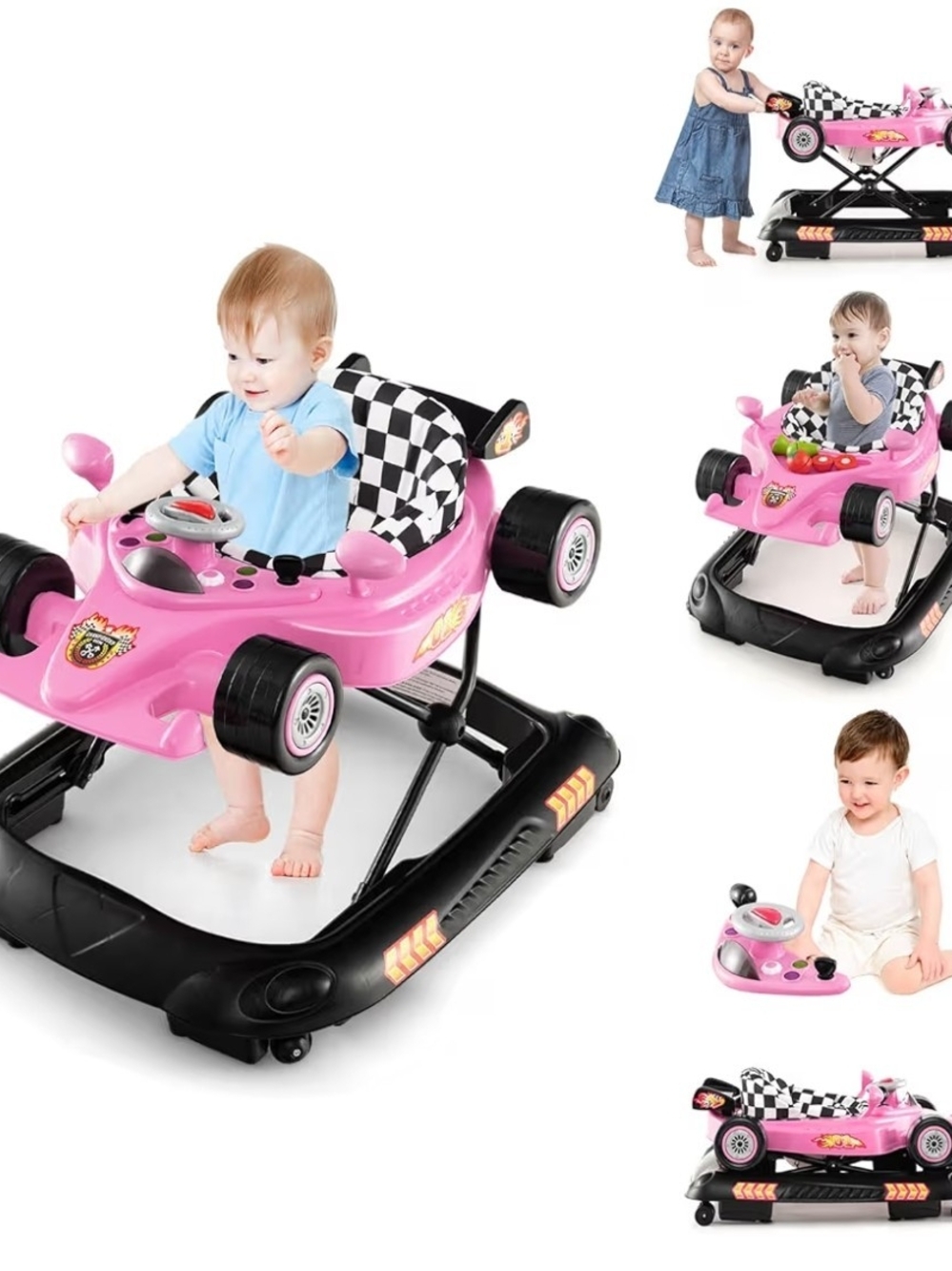 Pink Baby Ride-On Walker with Checker Seat and Interactive Steering